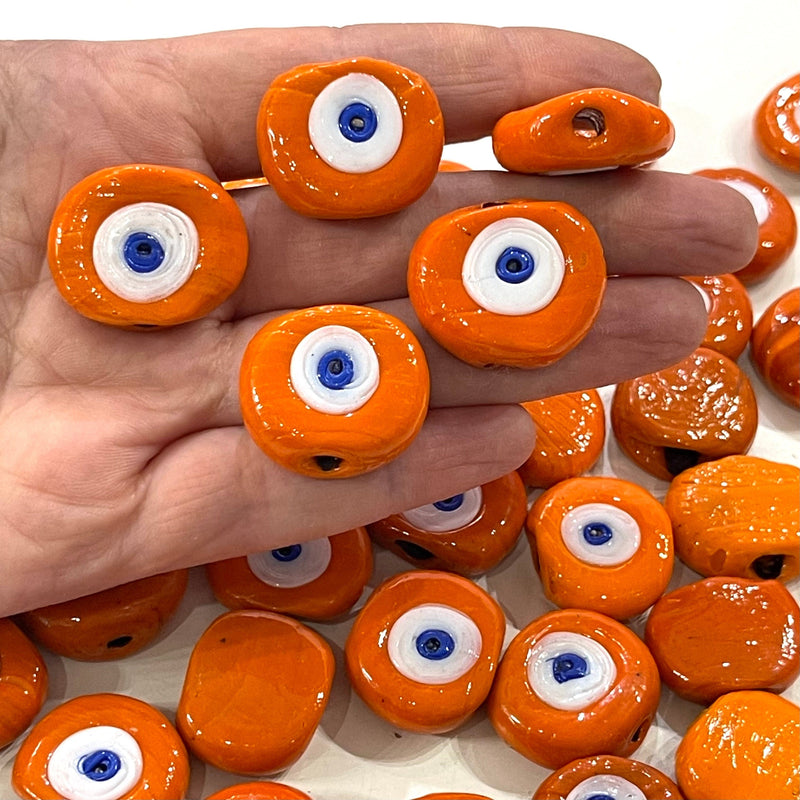 Traditional Turkish Artisan Handmade Glass Orange Evil Eye Beads, Large Hole Evil Eye Glass Beads, 10 Beads per pack