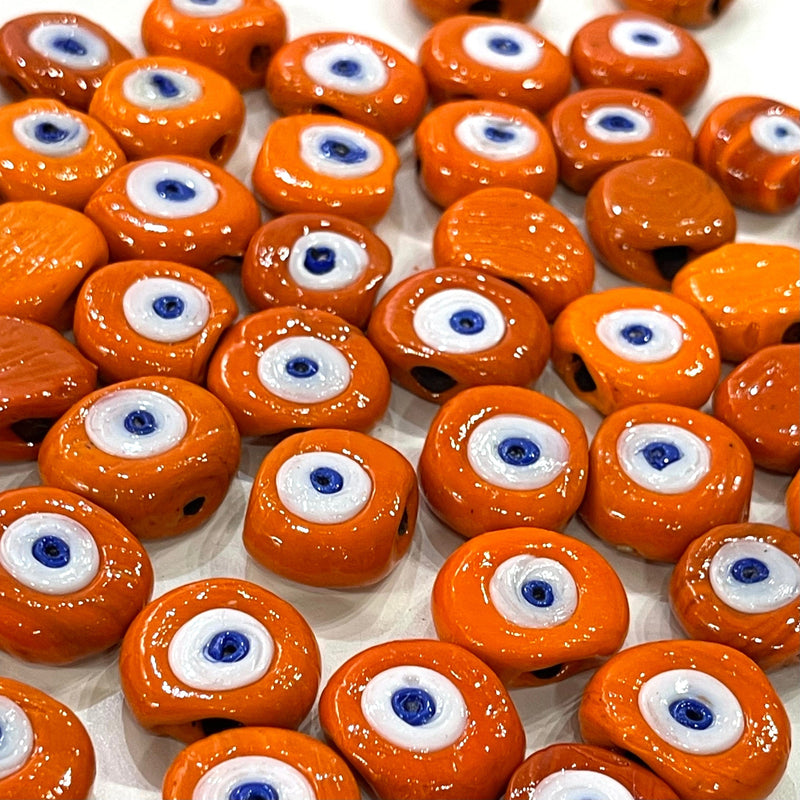 Traditional Turkish Artisan Handmade Glass Orange Evil Eye Beads, Large Hole Evil Eye Glass Beads, 50 Beads per pack