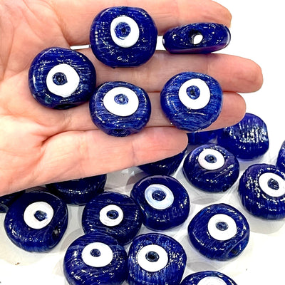 Traditional Turkish Artisan Handmade Glass Navy Evil Eye Beads, Large Hole Evil Eye Glass Beads, 25 Beads per pack