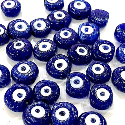 Traditional Turkish Artisan Handmade Glass Navy Evil Eye Beads, Large Hole Evil Eye Glass Beads, 25 Beads per pack