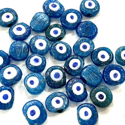 Traditional Turkish Artisan Handmade Glass Teal Blue Evil Eye Beads, Large Hole Evil Eye Glass Beads, 50 Beads per pack