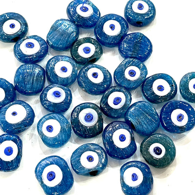 Traditional Turkish Artisan Handmade Glass Teal Blue Evil Eye Beads, Large Hole Evil Eye Glass Beads, 25 Beads per pack