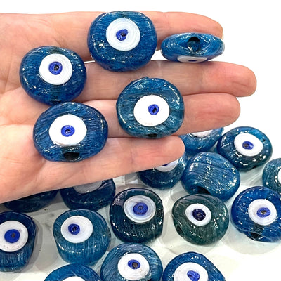 Traditional Turkish Artisan Handmade Glass Teal Blue Evil Eye Beads, Large Hole Evil Eye Glass Beads, 25 Beads per pack