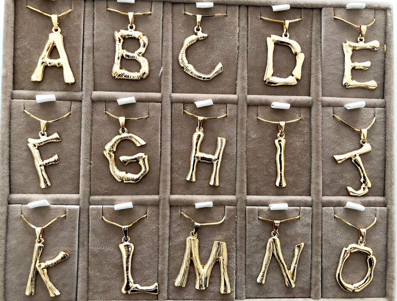 Initial Pendants,Initial Alphabet Letter Pendants in 18k Gold Tone Bamboo Rustic Style A to Z,