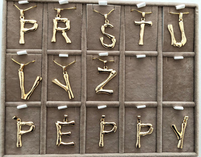 Initial Pendants,Initial Alphabet Letter Pendants in 18k Gold Tone Bamboo Rustic Style A to Z,