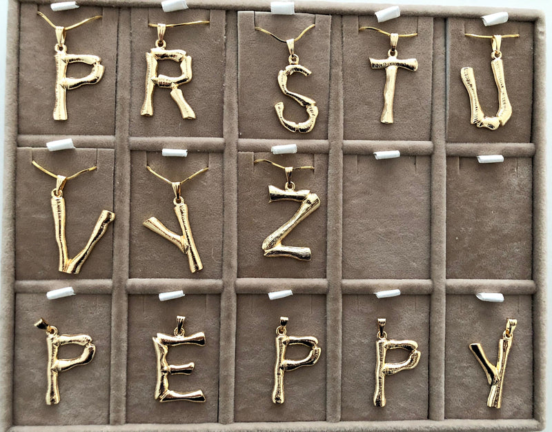 Initial Pendants,Initial Alphabet Letter Pendants in 18k Gold Tone Bamboo Rustic Style A to Z,
