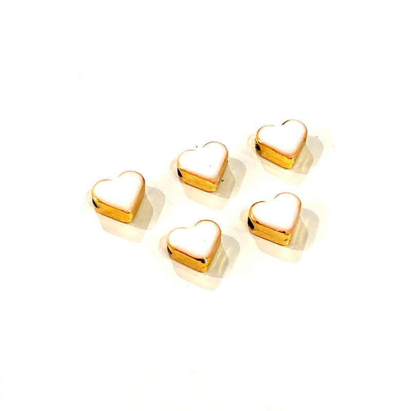 24Kt Shiny Gold Plated White Enamelled Heart Spacer Charms, 5 pcs in a pack