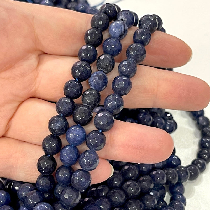 Perles de jade bleu marine (teintes), perles rondes à facettes de 8 mm, 15,5 pouces, brin complet, environ 48 perles, trou 1 mm, qualité A