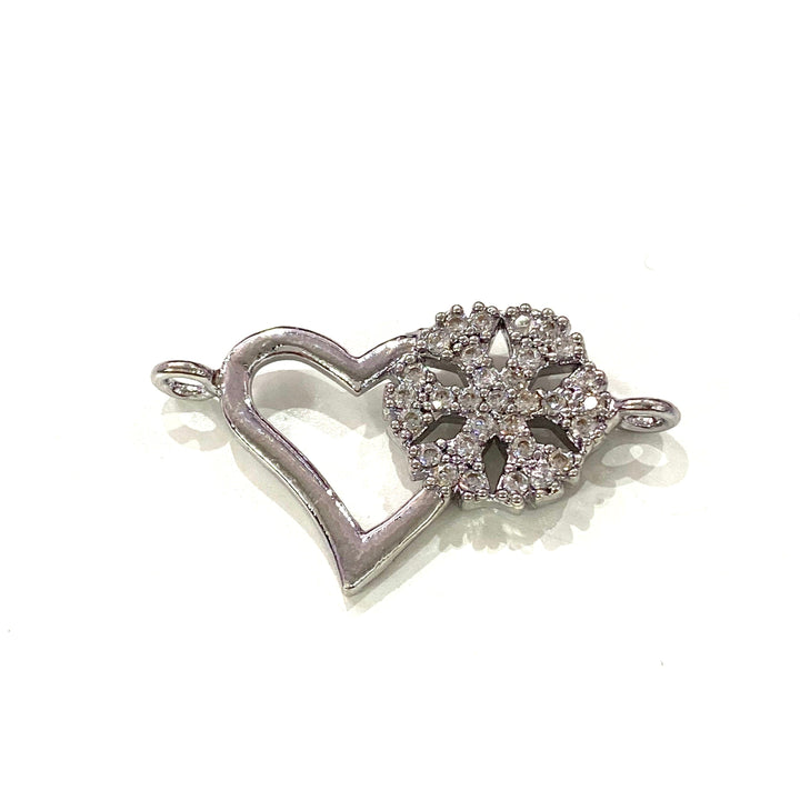 Heart&amp;Snowflake Double Loop Silver Plated Charms, Bracelet Charms, Connector Charms