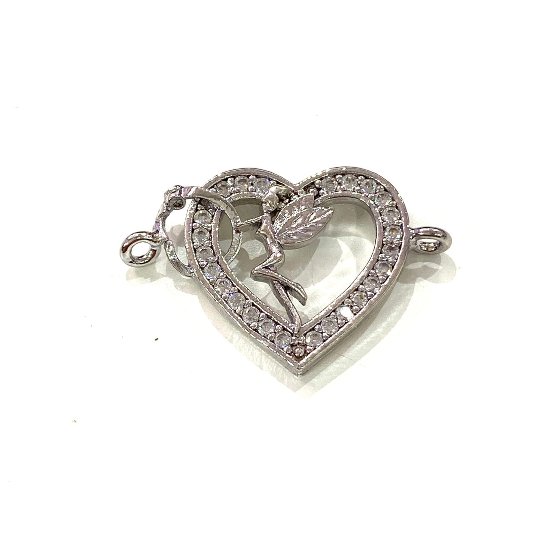 Heart&amp;Tinkerbell Double Loop Silver Plated Charms, Bracelet Charms, Connector Charms