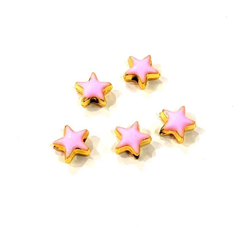 24Kt Shiny Gold Plated Pink Enamelled Star Spacer Spacer Charms, 5 pcs in a pack