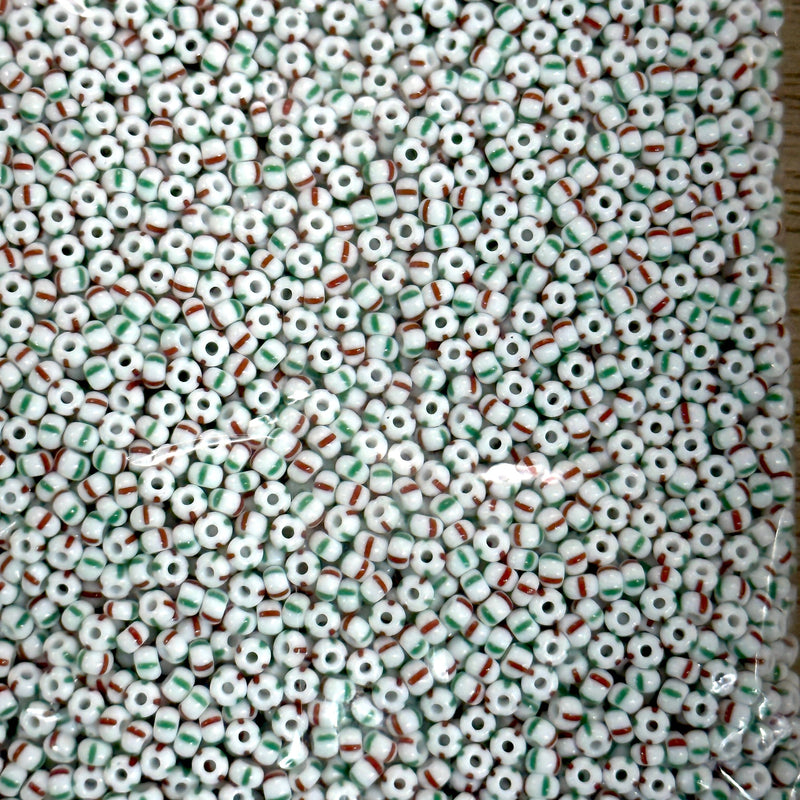 Preciosa  Seed Beads 8/0 Rocailles-Round Hole-100 Gr,03950 Red and Green Stripes on Chalkwhite