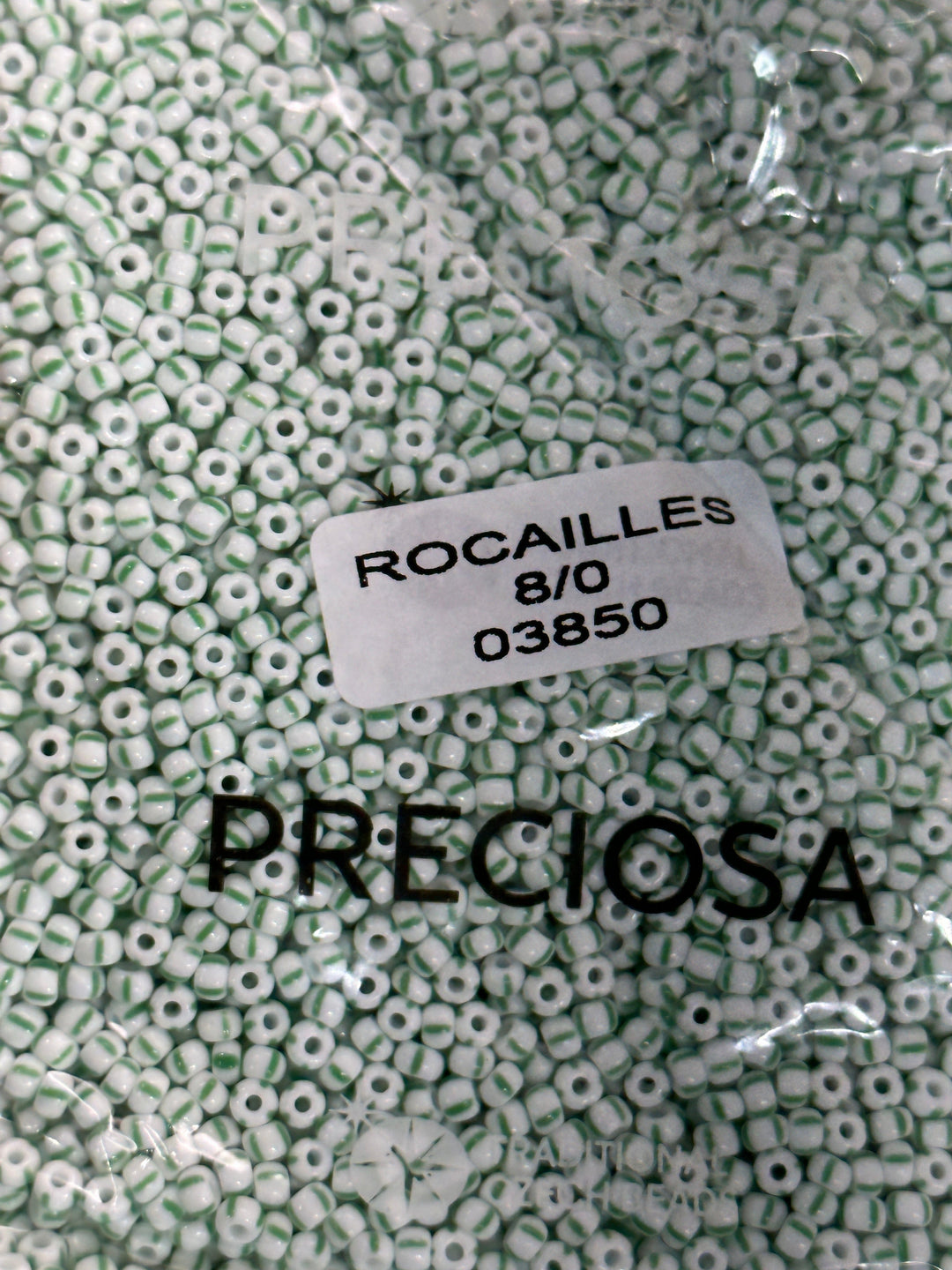 Preciosa Seed Beads 8/0 Rocailles-Round Hole-100 Gr,03850 Green Stripes on Chalkwhite