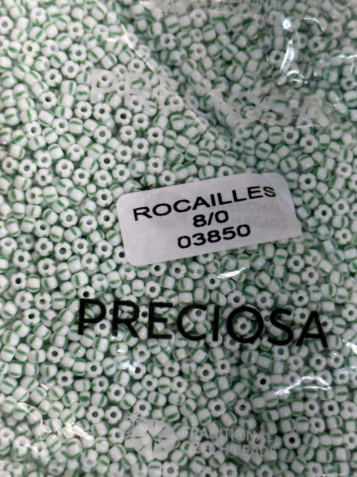 Preciosa Seed Beads 8/0 Rocailles-Round Hole-100 Gr,03850 Green Stripes on Chalkwhite