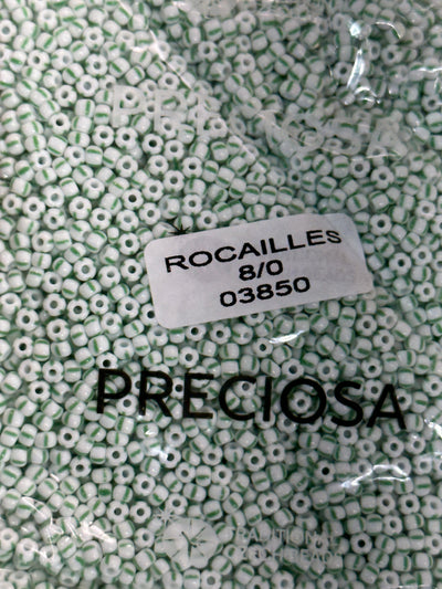 Preciosa  Seed Beads 8/0 Rocailles-Round Hole-100 Gr,03850 Green Stripes on Chalkwhite