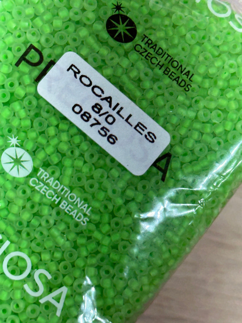 Preciosa Rocailles 8/0 Rocailles-Rundloch 100 gr, 08756 Crystal Neon Green Lined