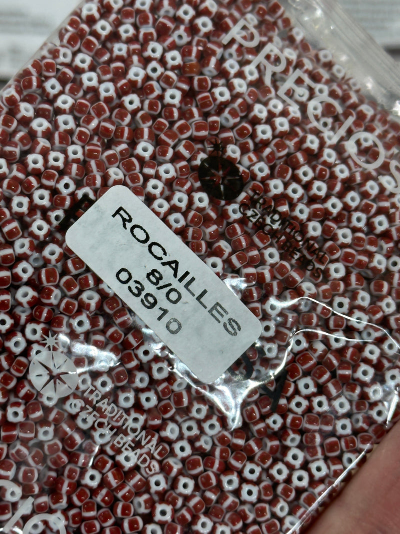Perles de rocaille Preciosa 8/0 Rocailles-Trou rond-100 Gr,03910 Rayures rouges et brunes sur blanc craie