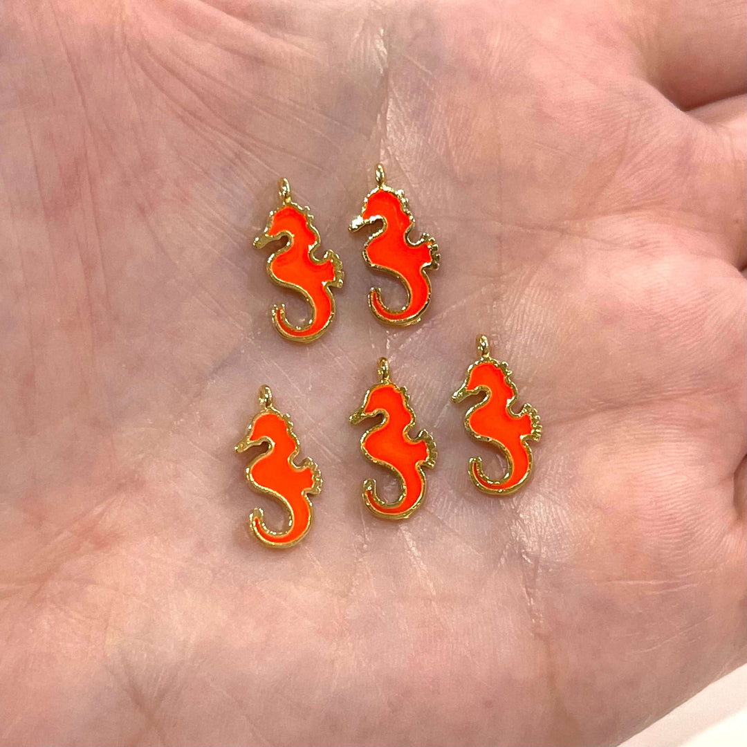 24Kt Gold Plated Neon Orange Enamelled Sea Horse Charms, 5 pcs in a Pack