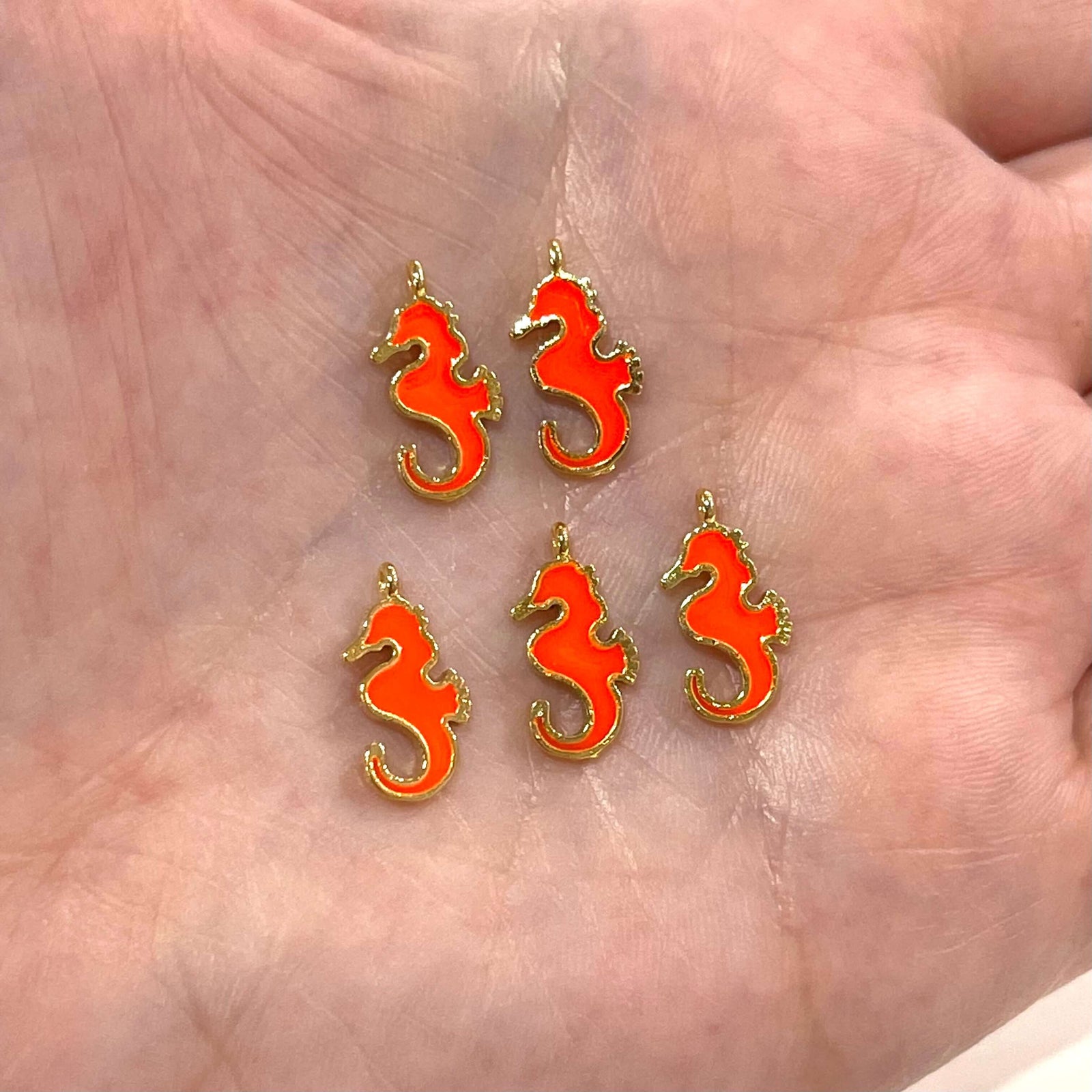 24Kt Gold Plated Neon Orange Enamelled Sea Horse Charms, 5 pcs in a Pack