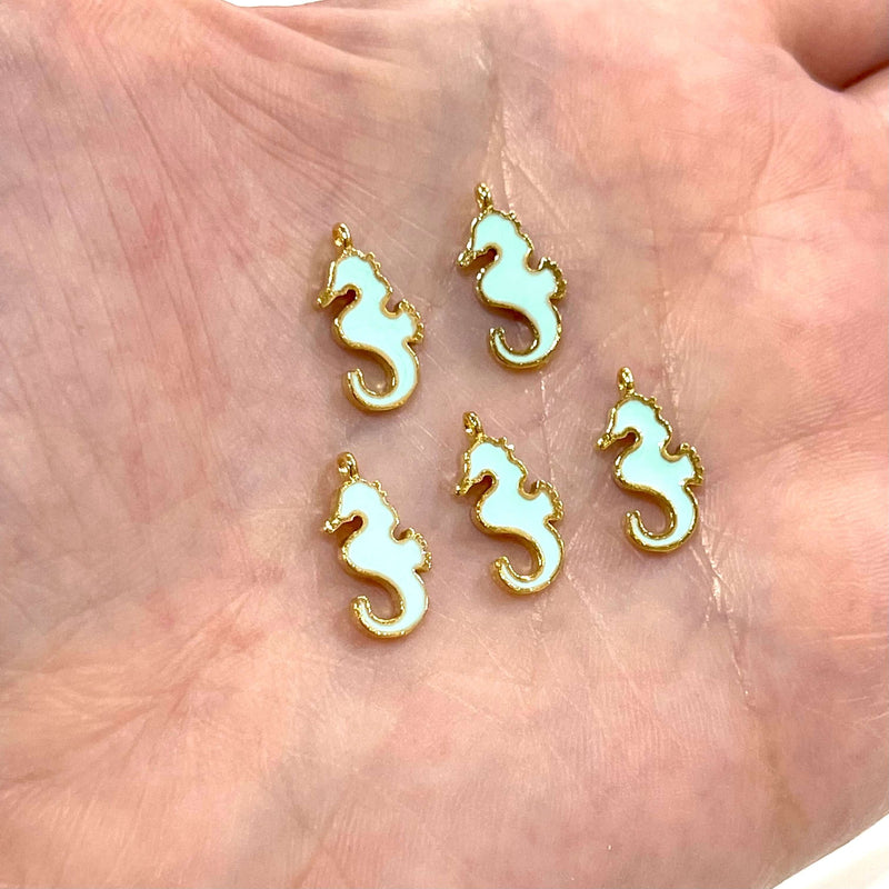 24Kt Gold Plated Mint Enamelled Sea Horse Charms, 5 pcs in a Pack