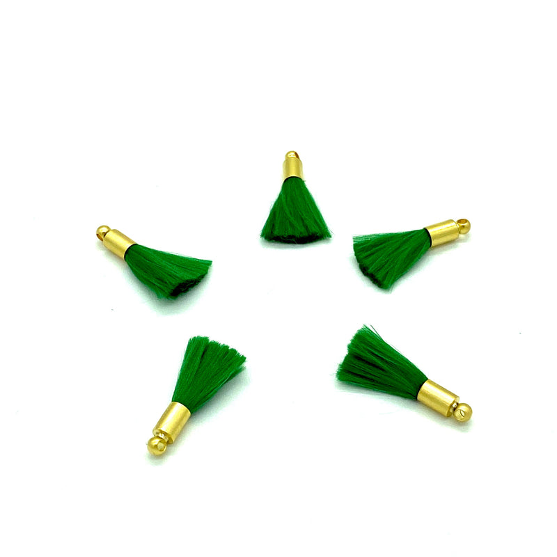 Green Mini Silk Tassels with 24k Gold Plated Caps, 5 Tassels in a pack