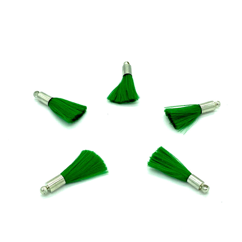 Green Mini Silk Tassels with Rhodium Plated Caps, 5 Tassels in a pack