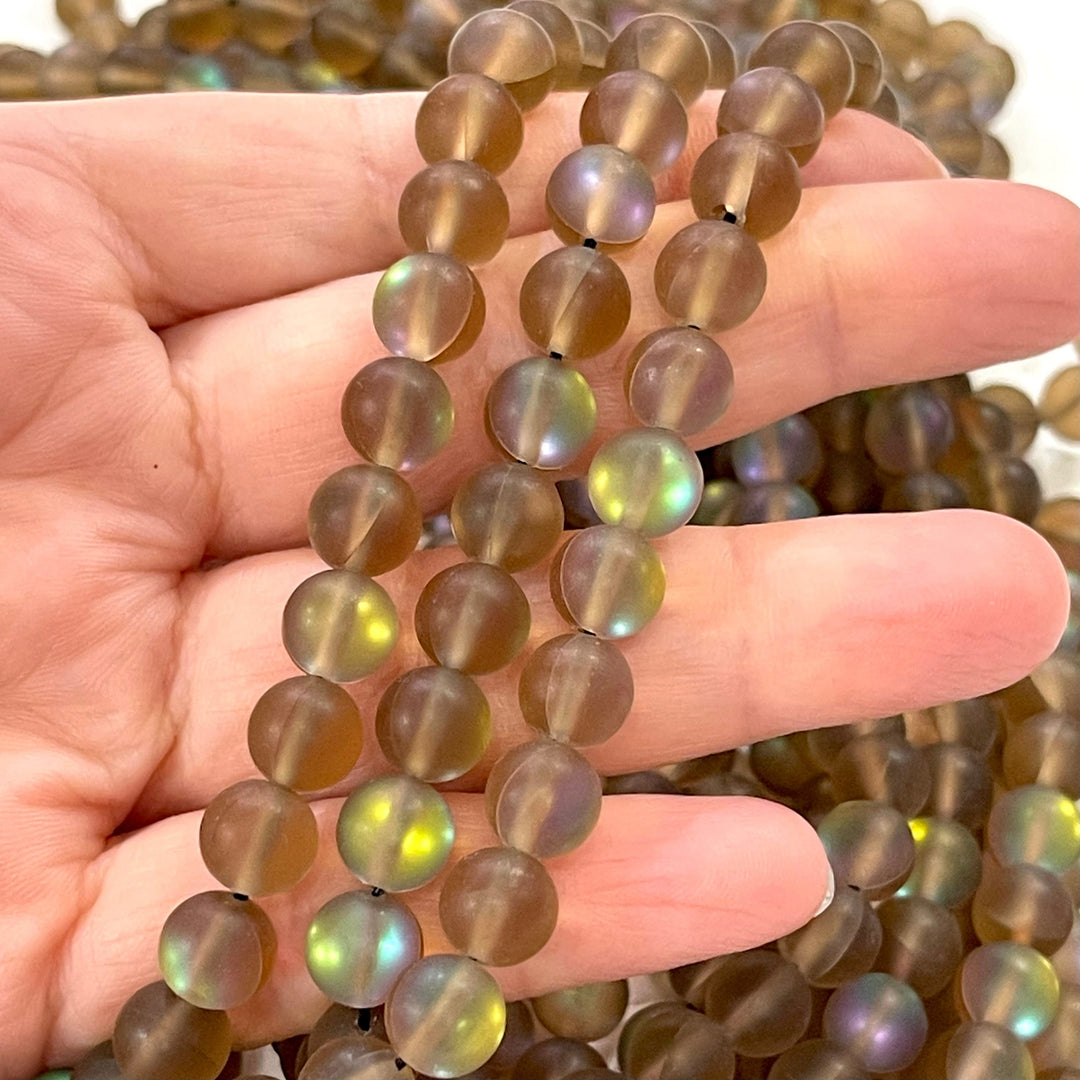 Aurora Borealis Bronze Mermaid Beads – Iridescent Matte Glass Beads 8mm, 47 Beads per Strand