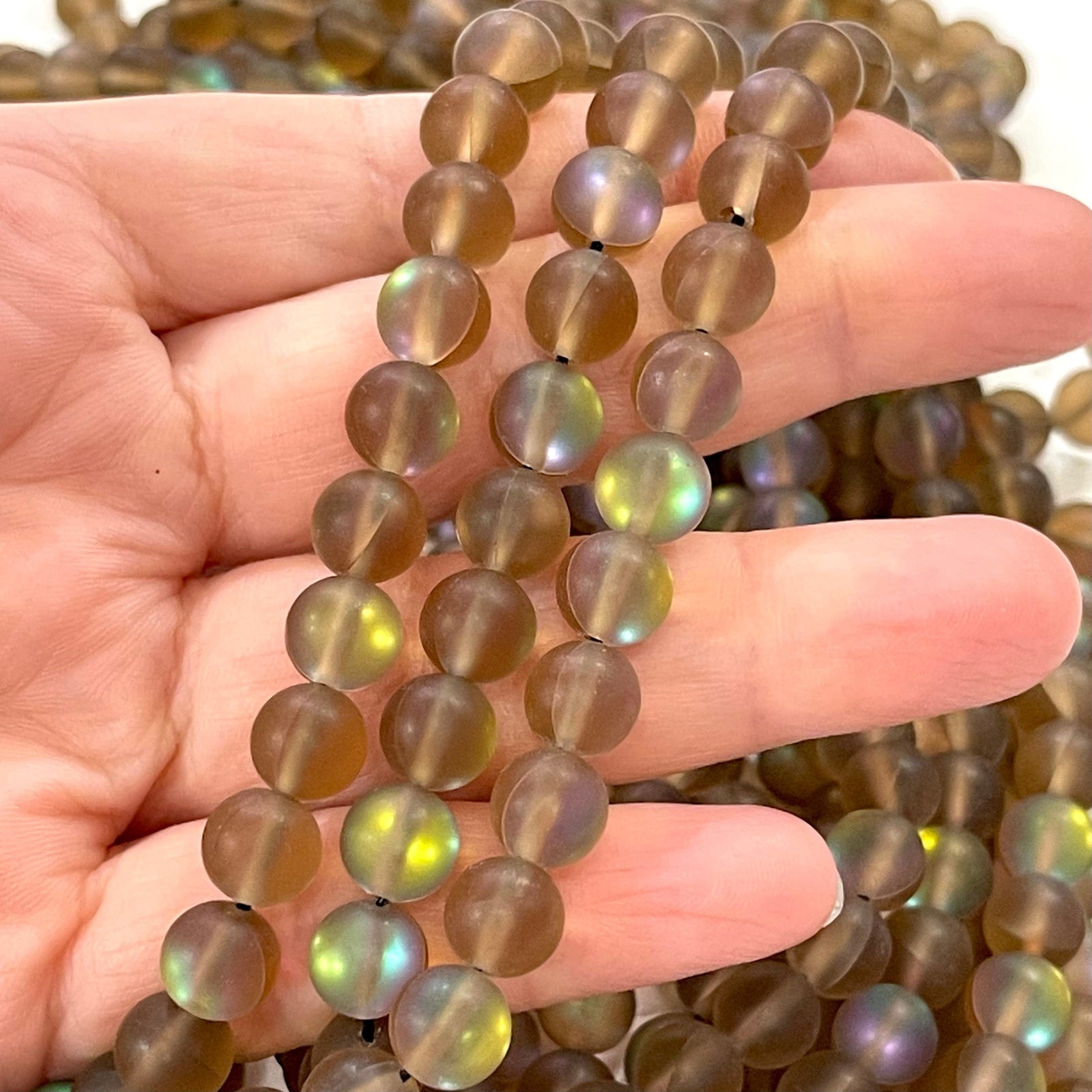 Aurora Borealis Bronze Mermaid Beads – Iridescent Matte Glass Beads 8mm, 47 Beads per Strand