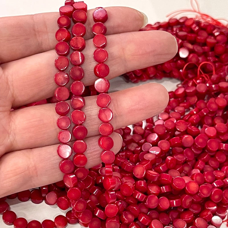 Flache runde Perlen aus natürlicher roter Koralle, ca. 6 x 2,5 mm, Strang 40 cm