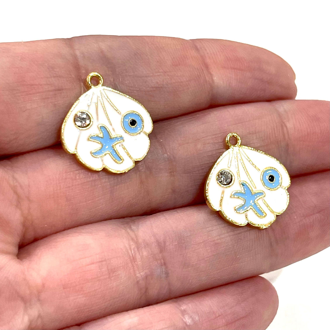 24Kt Gold Plated Enamelled Oyster Charms with Clear Zirconia, Starfish and Eye