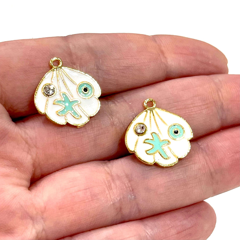 24 Karat vergoldete emaillierte Austern-Charms mit klarem Zirkonia, Seestern und Auge