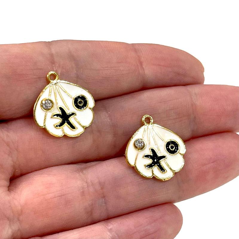 24 Karat vergoldete emaillierte Austern-Charms mit klarem Zirkonia, Seestern und Auge