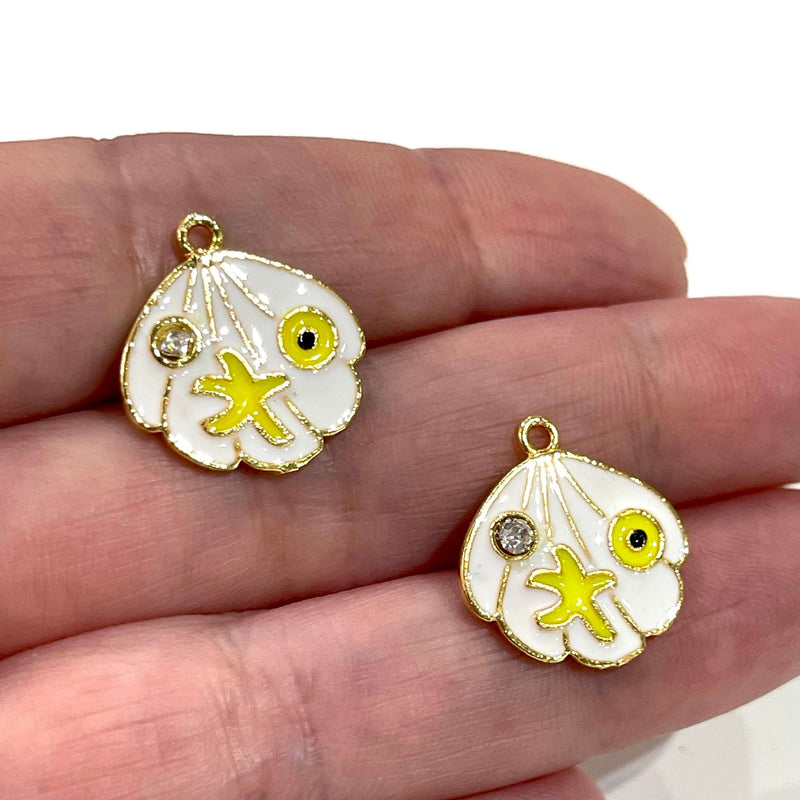 24 Karat vergoldete emaillierte Austern-Charms mit klarem Zirkonia, Seestern und Auge