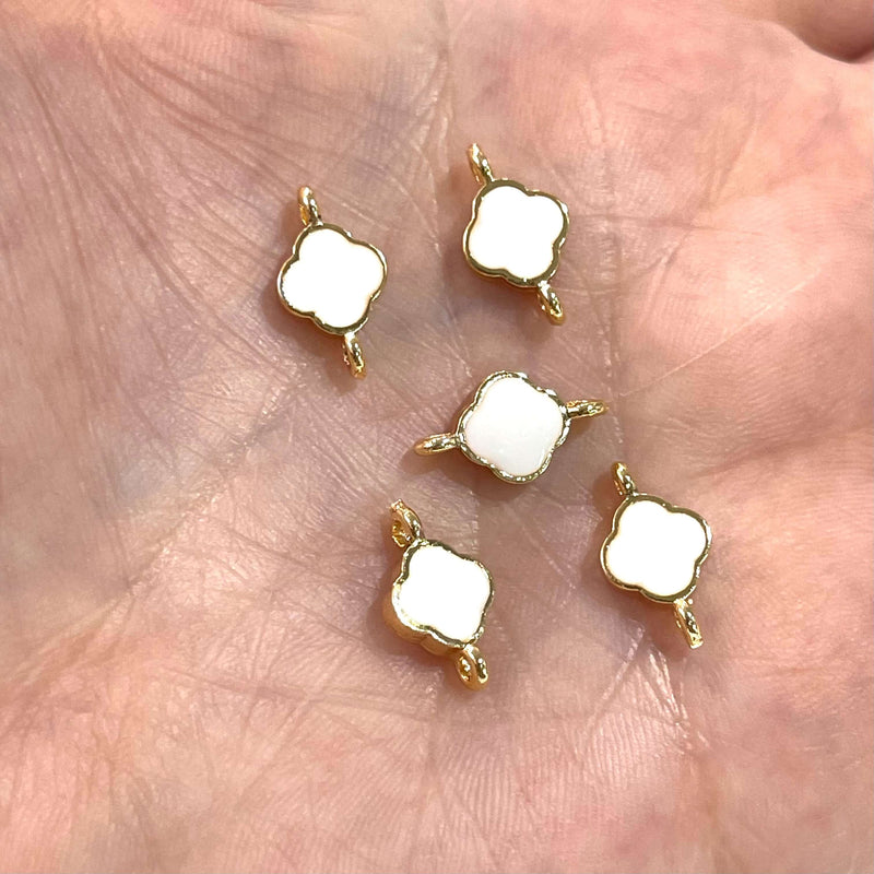 24Kt Shiny Gold Plated White Enamelled Clover Connector Charms,