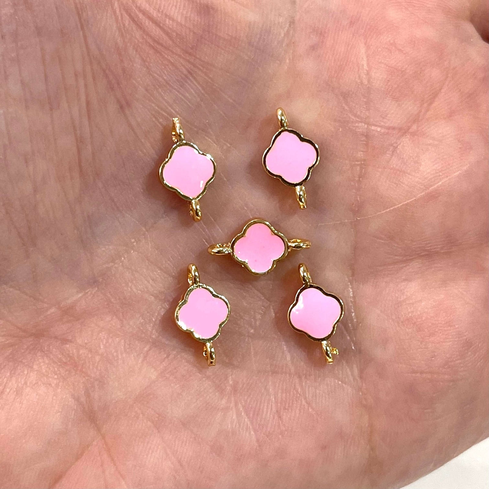 24Kt Shiny Gold Plated Pink Enamelled Clover Connector Charms,