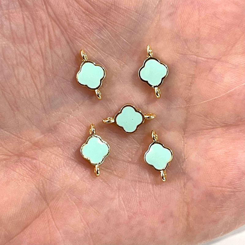24Kt Shiny Gold Plated Mint Enamelled Clover Connector Charms,