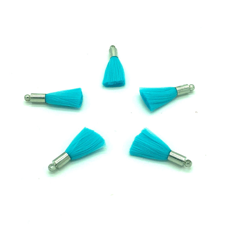 Sky Blue Mini Silk Tassels with Rhodium Plated Caps, 5 Tassels in a pack
