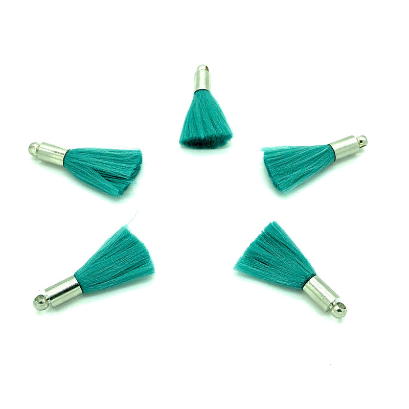 Green Turquoise Mini Silk Tassels with Rhodium Plated Caps, 5 Tassels in a pack