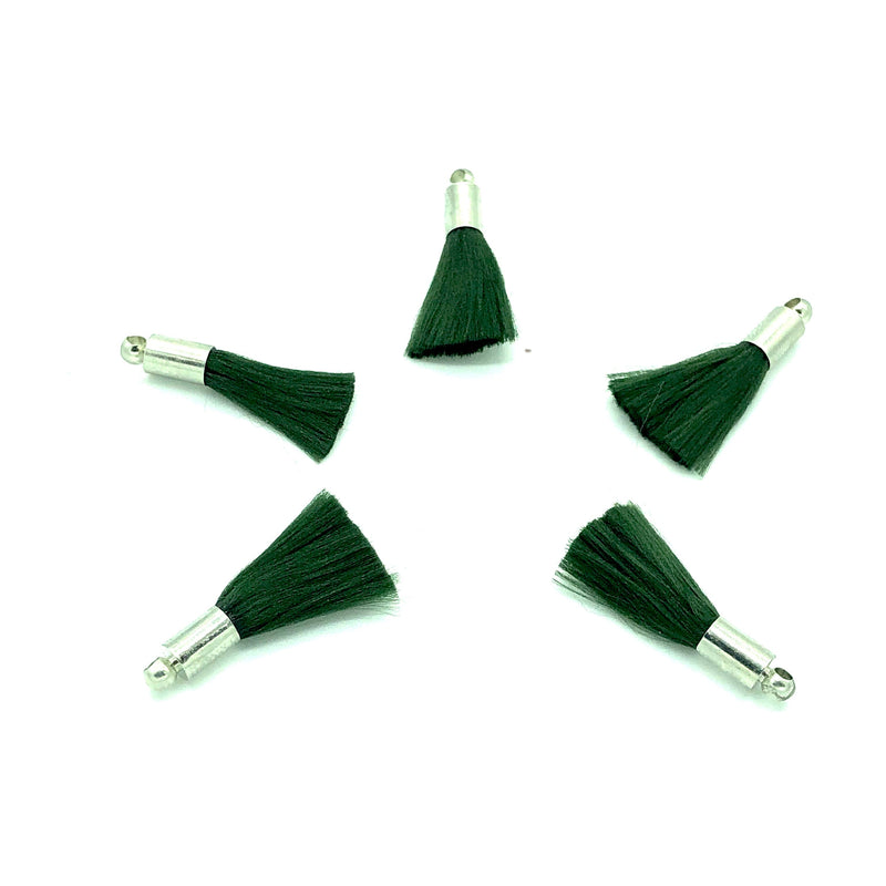Emerald  Mini Silk Tassels with Rhodium Plated Caps, 5 Tassels in a pack