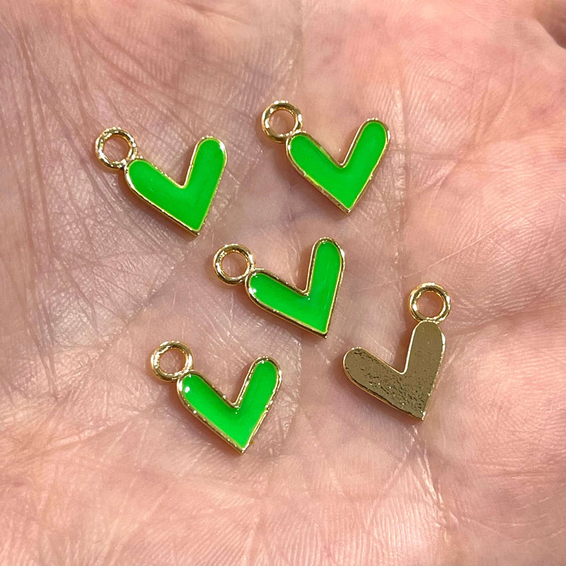 24Kt Gold Plated Neon Green Enamelled Heart Charms, 5 pcs in a pack
