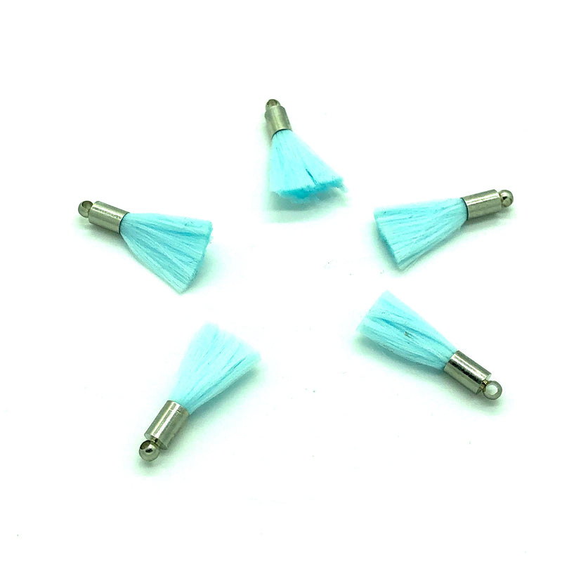 Aquamarine Mini Silk Tassels with Rhodium Plated Caps, 5 Tassels in a pack