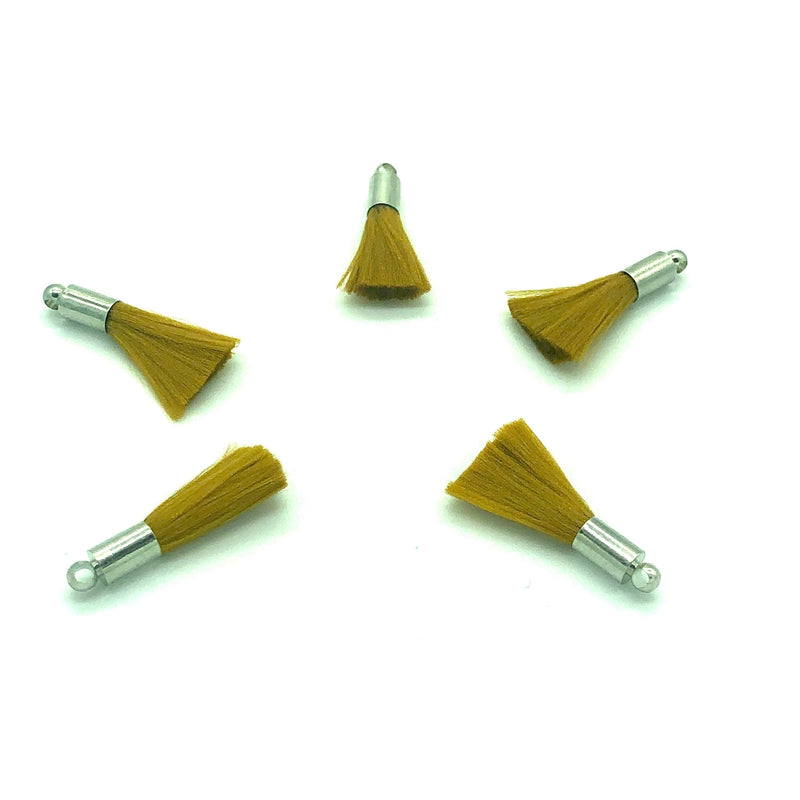 Mustard Yellow Mini Silk Tassels with Rhodium Plated Caps, 5 Tassels in a pack