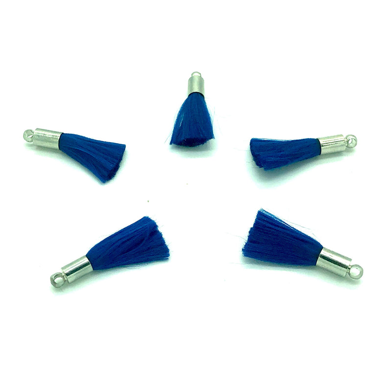 Royal Blue Mini Silk Tassels with Rhodium Plated Caps, 5 Tassels in a pack