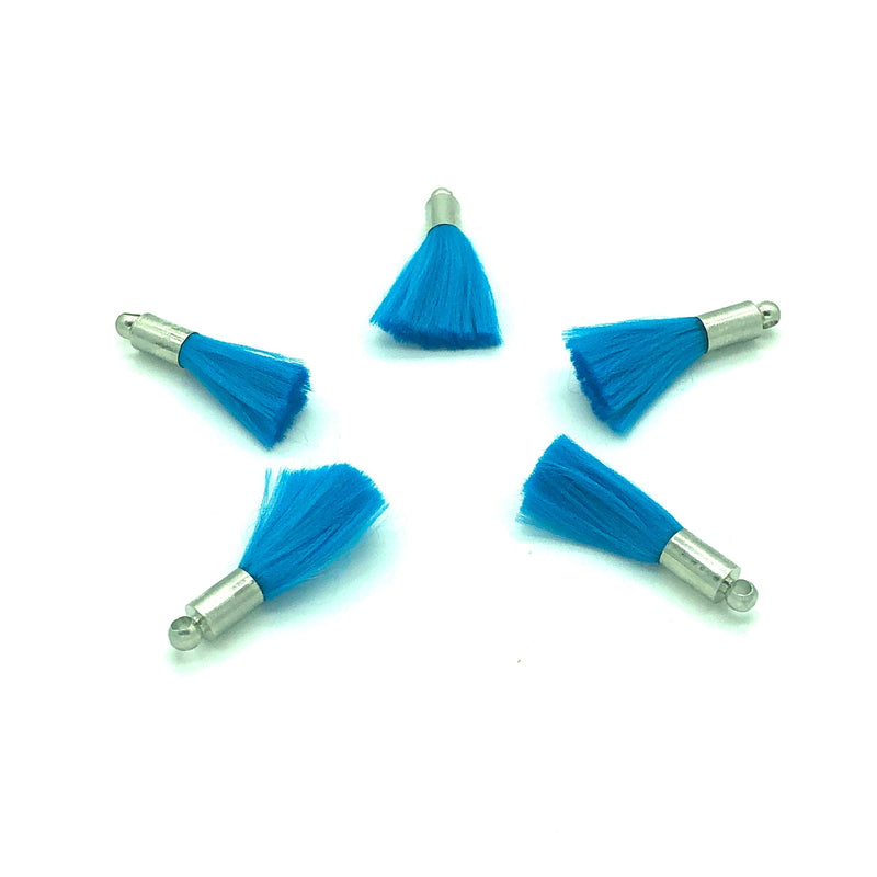 Blue Mini Silk Tassels with Rhodium Plated Caps, 5 Tassels in a pack