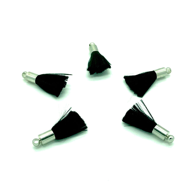 Black Mini Silk Tassels with Rhodium Plated Caps, 5 Tassels in a pack