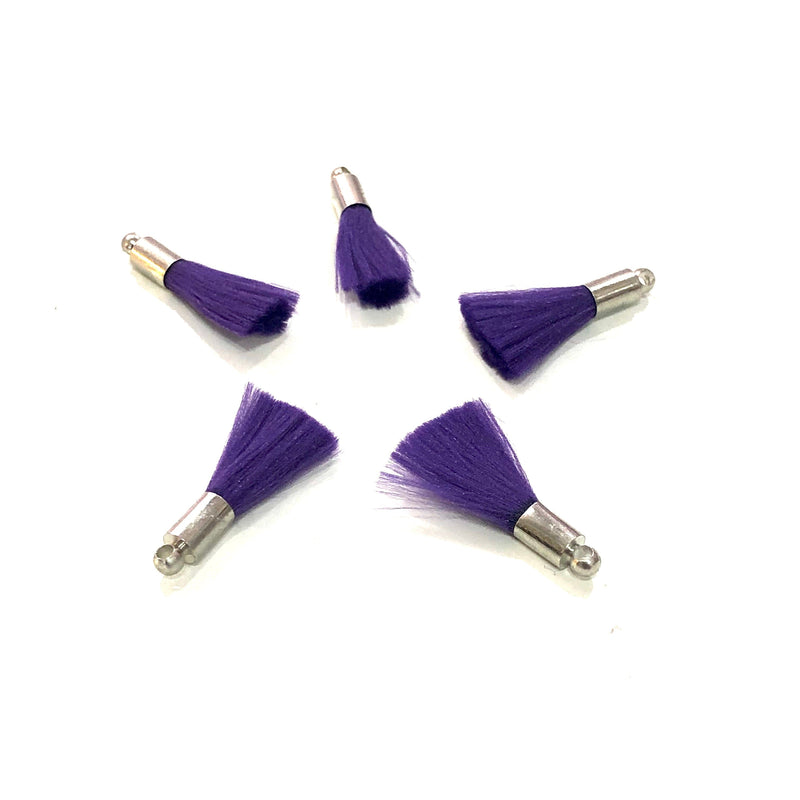 Purple Mini Silk Tassels with Rhodium Plated Caps, 5 Tassels in a pack