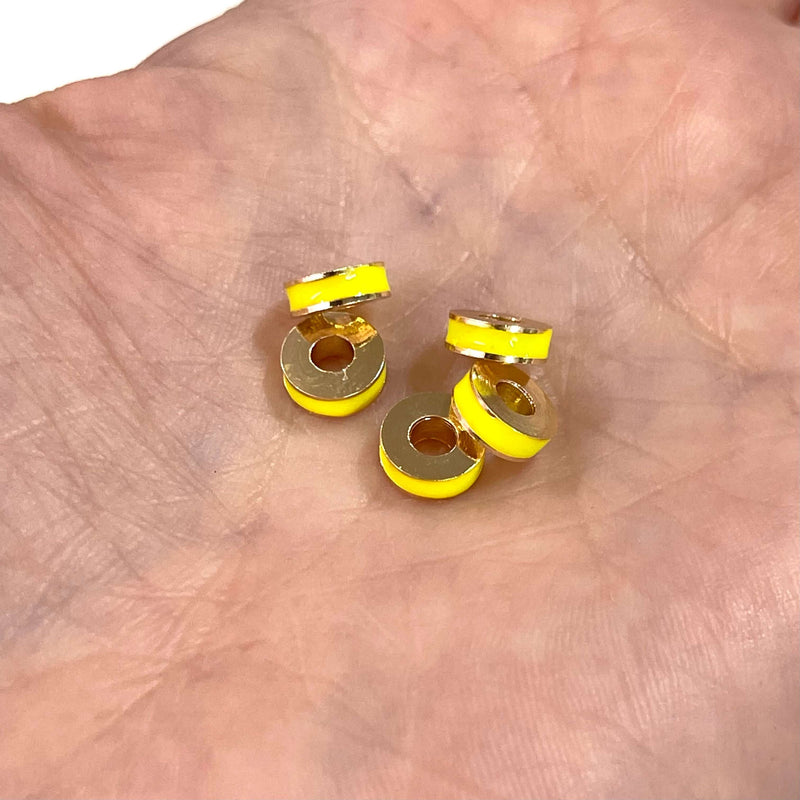 24Kt Gold Plated Neon Yellow Enamelled Large Hole Rondelle Spacers, 5 Pcs in a pack