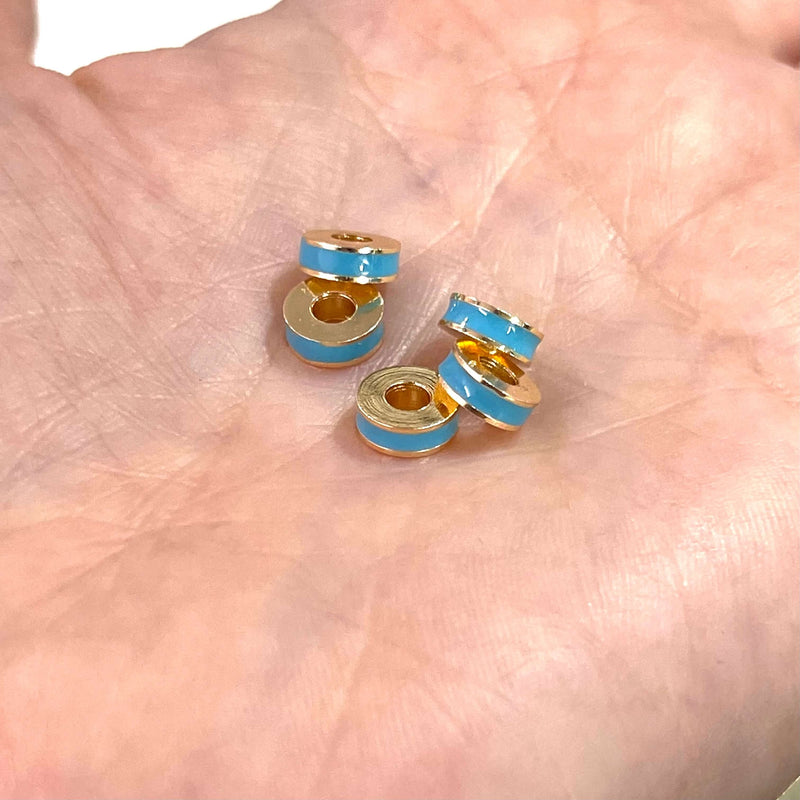 24Kt Gold Plated Sky Blue Enamelled Large Hole Rondelle Spacers, 5 Pcs in a pack