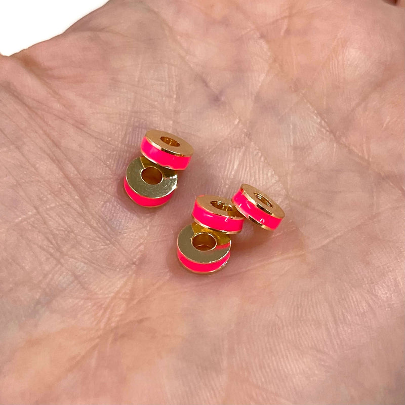 24Kt Gold Plated Neon Pink Enamelled Large Hole Rondelle Spacers, 5 Pcs in a pack