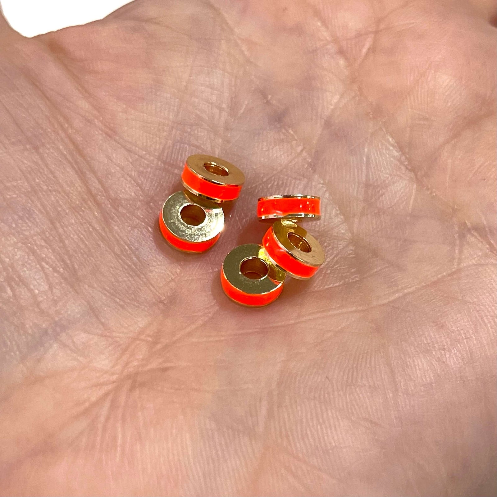 24Kt Gold Plated Neon Orange Enamelled Large Hole Rondelle Spacers, 5 Pcs in a pack